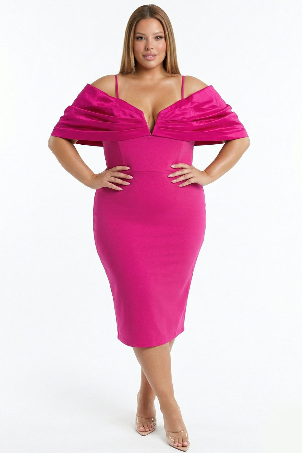 Oversized Bow Off The Shoulder Plus Size Midi Dress