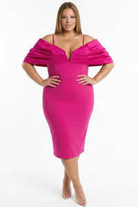 Oversized Bow Off The Shoulder Plus Size Midi Dress