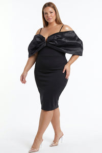 Oversized Bow Off The Shoulder Plus Size Midi Dress