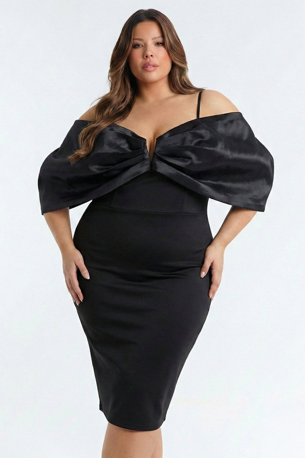 Oversized Bow Off The Shoulder Plus Size Midi Dress
