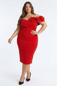 Plus Size Night Out Dress - Flower Corsage Side Detail Plus Size Midi Dress | Zezebe