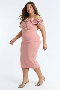 Plus Size Night Out Dress - Flower Corsage Side Detail Plus Size Midi Dress | Zezebe