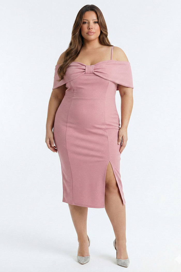 Plus Size Night Out Dress - Bow Front Off The Shoulder Plus Size Midi Dress | Zezebe