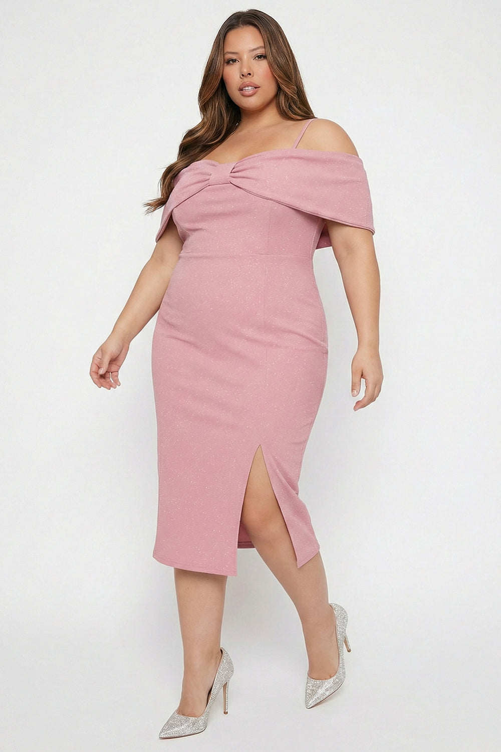 Plus Size Night Out Dress - Bow Front Off The Shoulder Plus Size Midi Dress | Zezebe