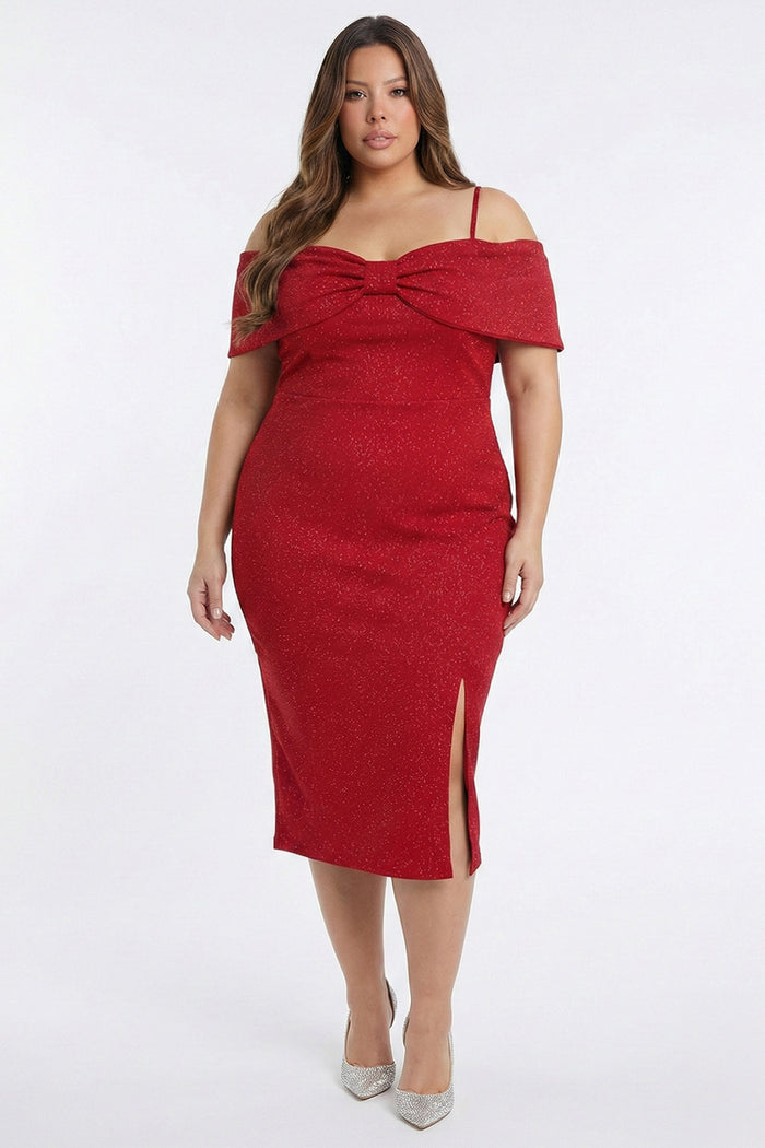 Plus Size Night Out Dress - Bow Front Off The Shoulder Plus Size Midi Dress | Zezebe