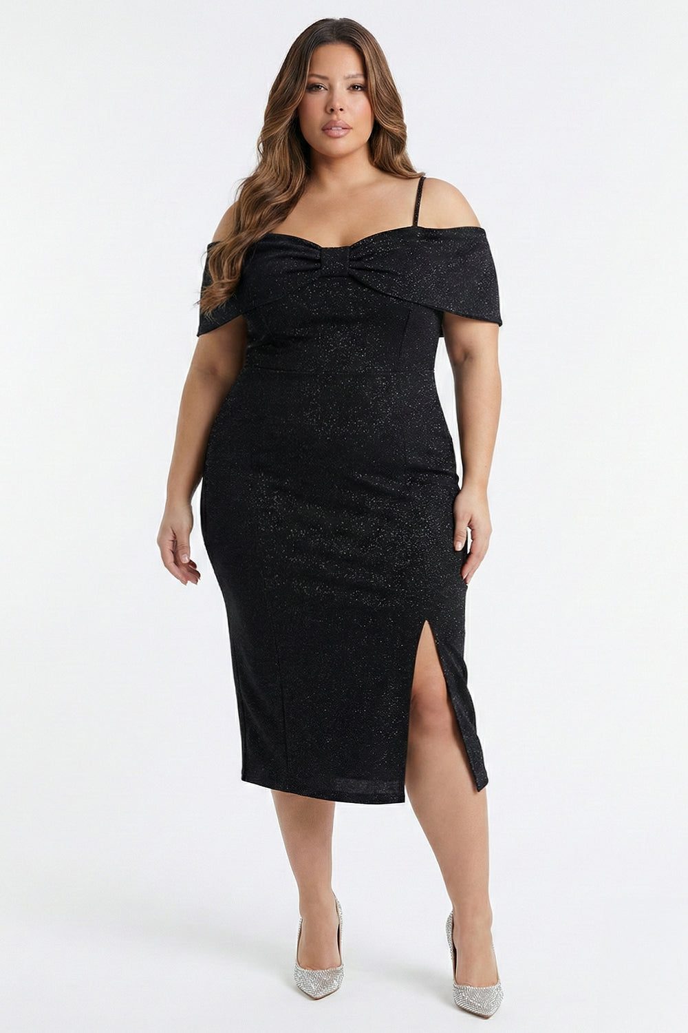 Plus Size Night Out Dress - Bow Front Off The Shoulder Plus Size Midi Dress | Zezebe