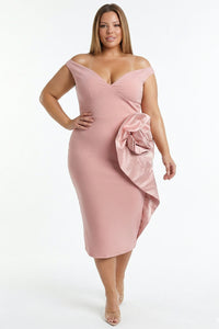 Satin Fabric Flower On The Side Plus Size Midi Dress