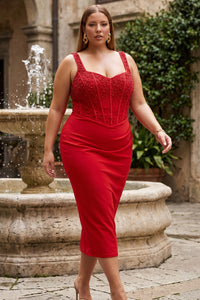 Rhinestone And Pearl Embellished Plus Size Midi Dress