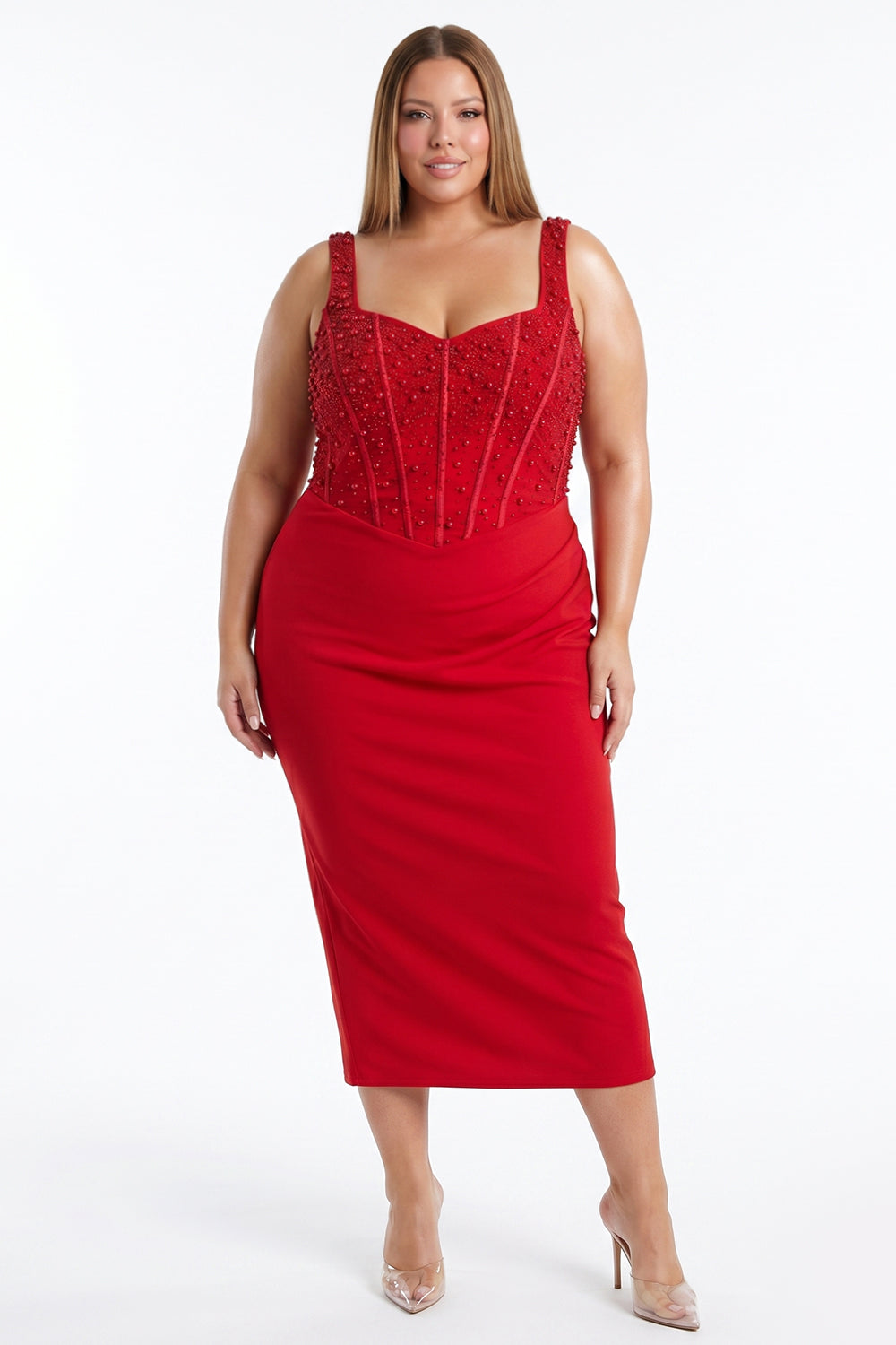 Rhinestone And Pearl Embellished Plus Size Midi Dress