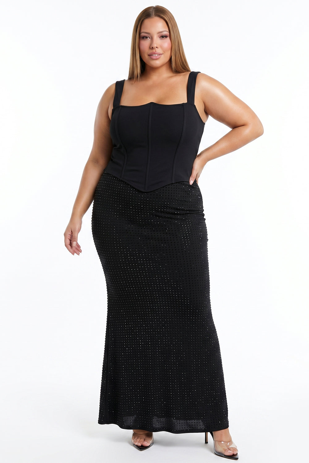 Wave Neckline Rhinestone Skirt Plus Size Maxi Dress