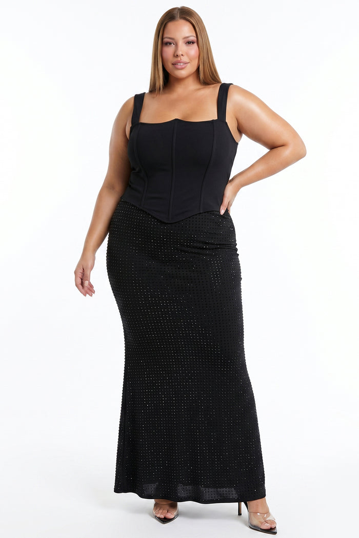 Wave Neckline Rhinestone Skirt Plus Size Maxi Dress