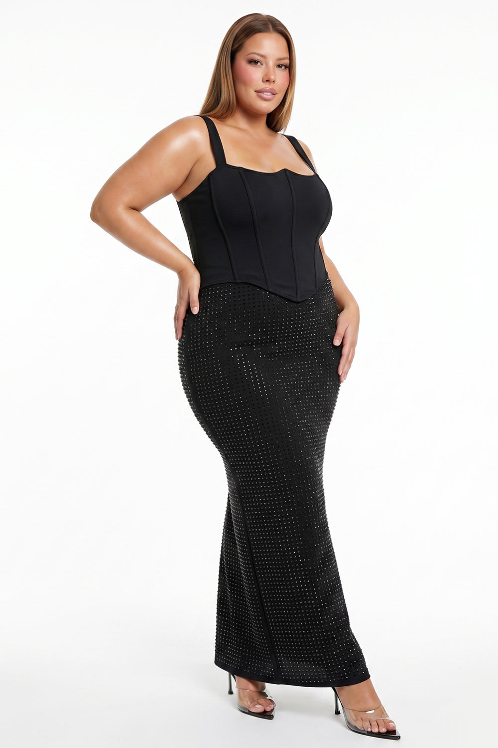 Wave Neckline Rhinestone Skirt Plus Size Maxi Dress