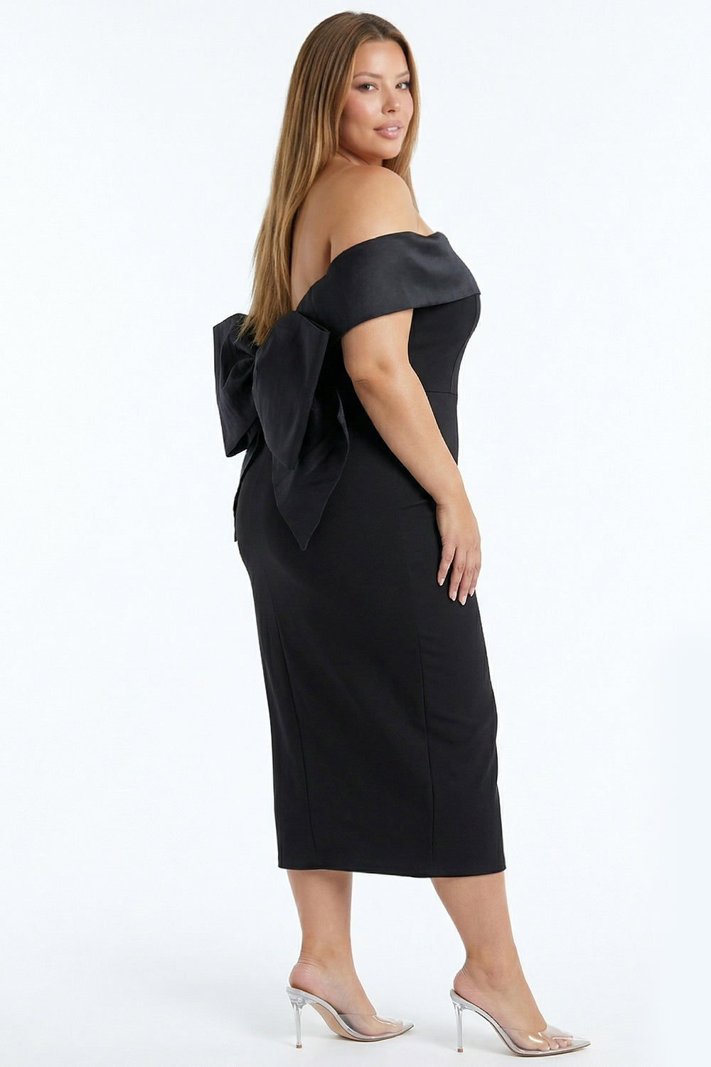 Off The Shoulder Bow Detail Plus Size Midi Dress
