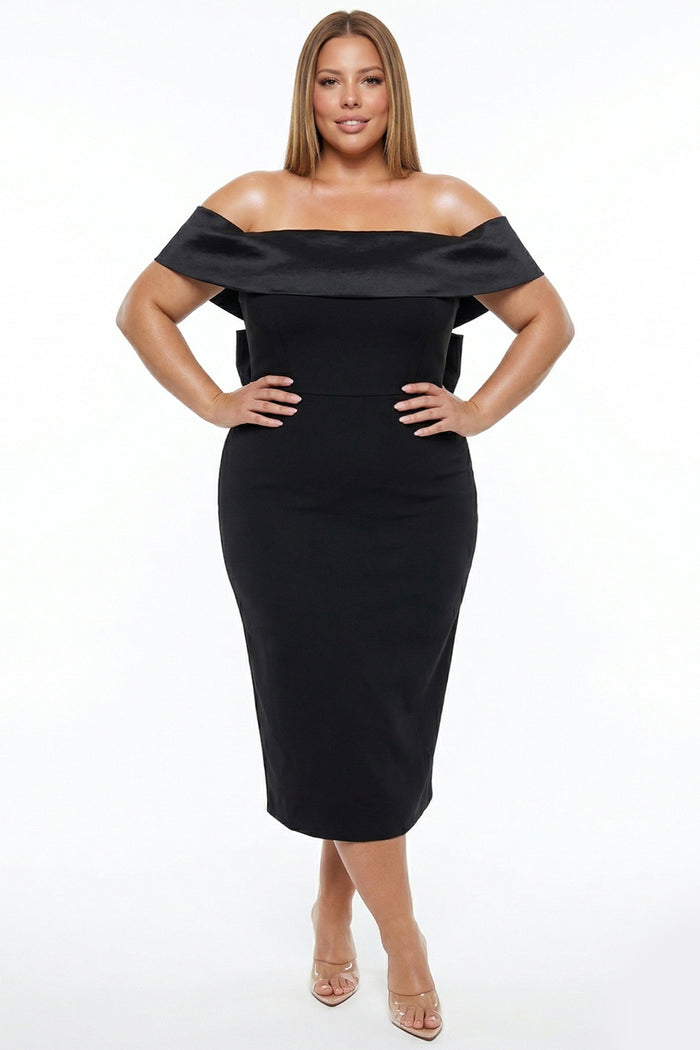Off The Shoulder Bow Detail Plus Size Midi Dress