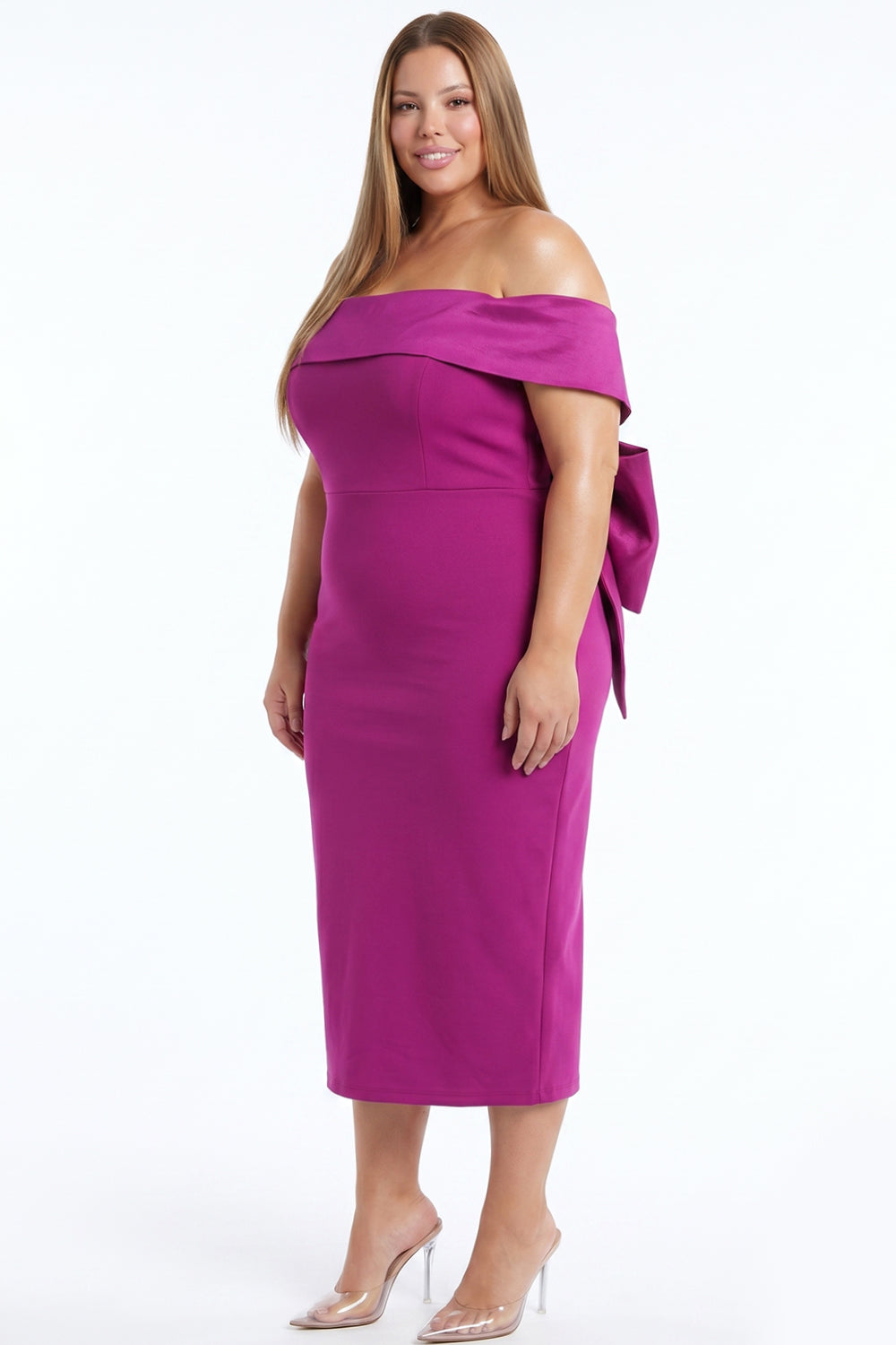 Off The Shoulder Bow Detail Plus Size Midi Dress