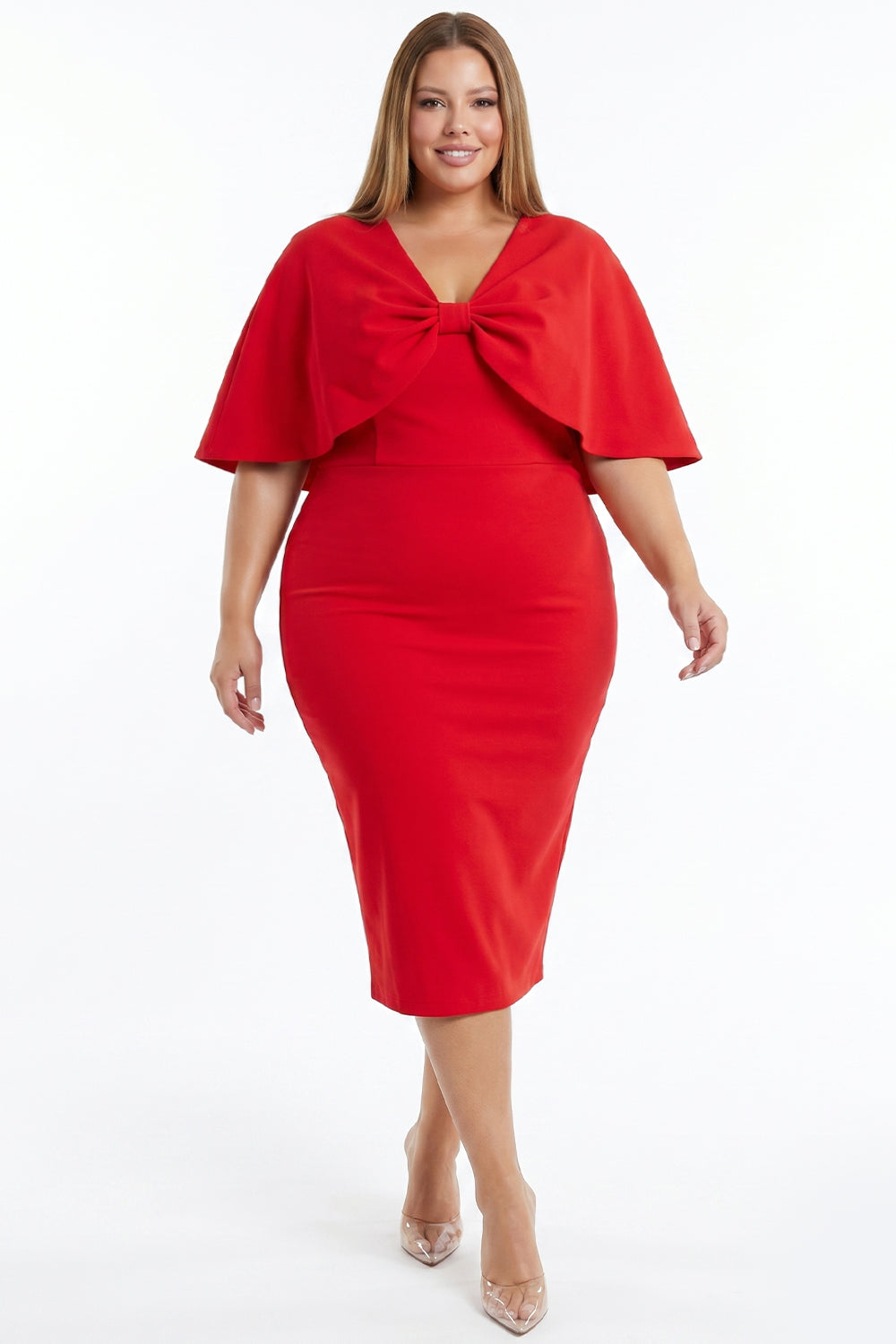 Front Bow Cape Sleeve Plus Size Midi Dress