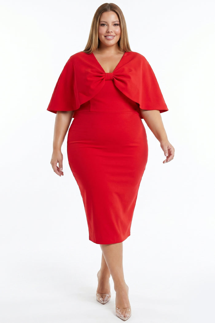 Front Bow Cape Sleeve Plus Size Midi Dress