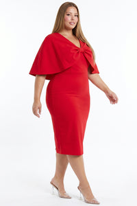 Front Bow Cape Sleeve Plus Size Midi Dress