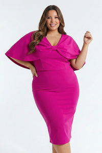 Front Bow Cape Sleeve Plus Size Midi Dress