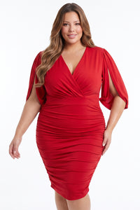 Deep V-Neck Slit Open Mesh Sleeve Plus Size Mini Dress