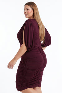 Deep V-Neck Slit Open Mesh Sleeve Plus Size Mini Dress