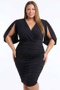 Deep V-Neck Slit Open Mesh Sleeve Plus Size Mini Dress