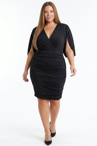 Deep V-Neck Slit Open Mesh Sleeve Plus Size Mini Dress