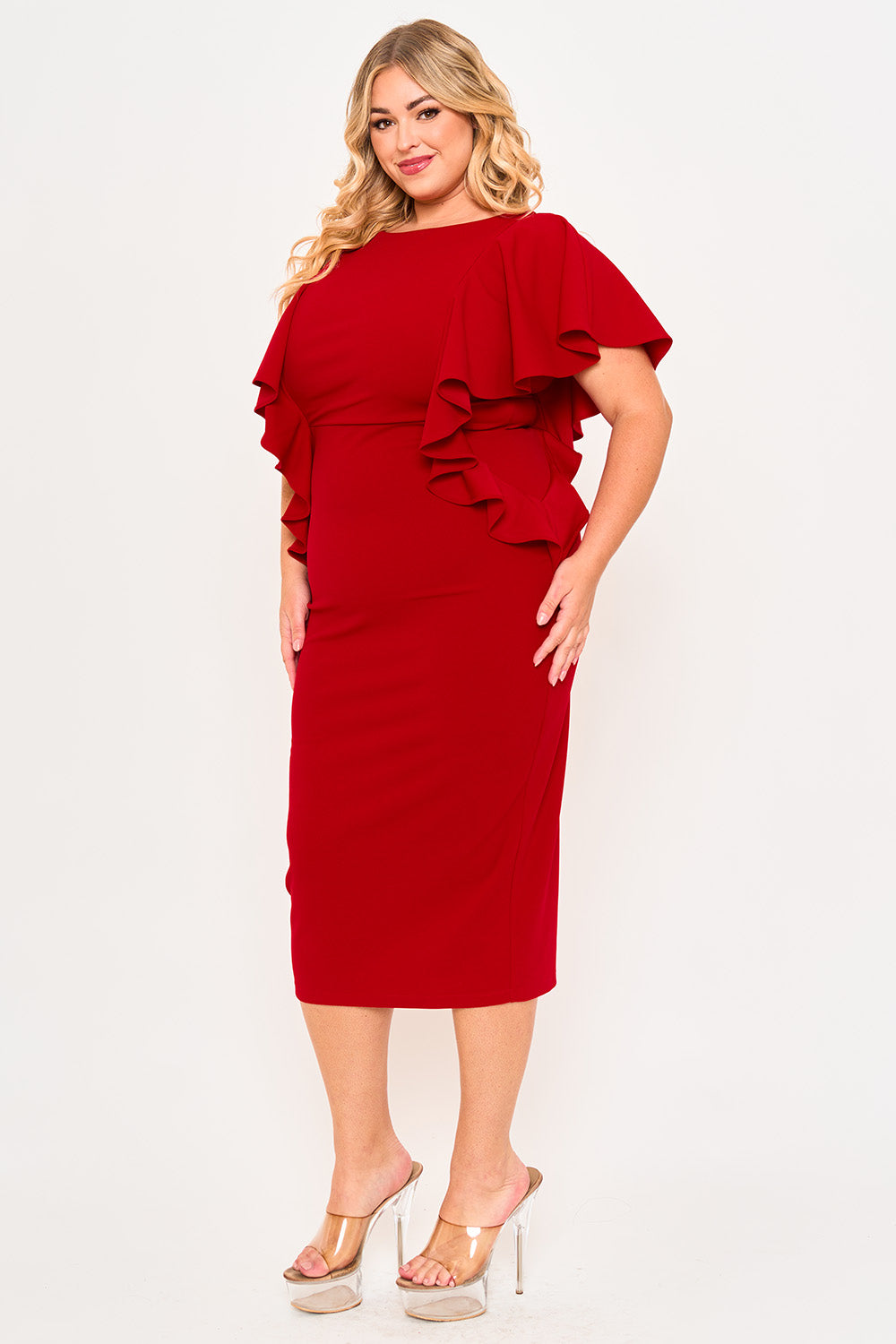 Symphony Dress - Drop Shoulder With Ruffle Night Out Plus Size Midi Dress | Zezebe