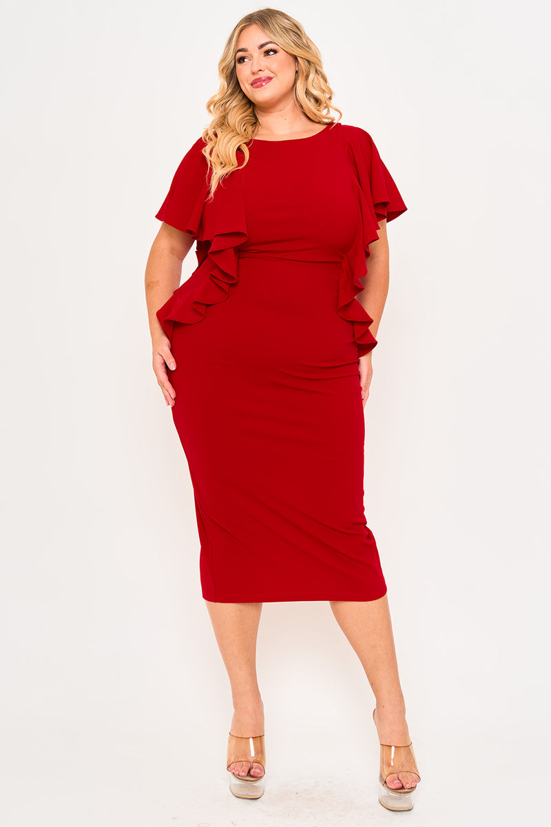 Plus Size Night Out Dress - Drop Shoulder with Ruffle Night Out Plus Size Midi Dress