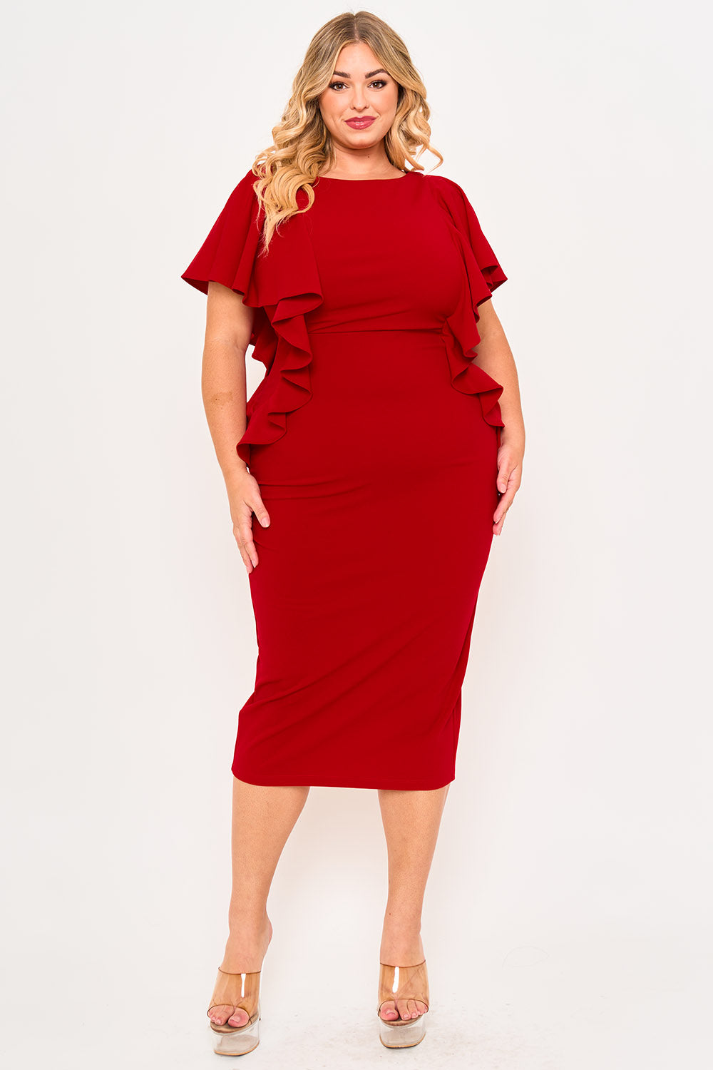Symphony Dress - Drop Shoulder With Ruffle Night Out Plus Size Midi Dress | Zezebe