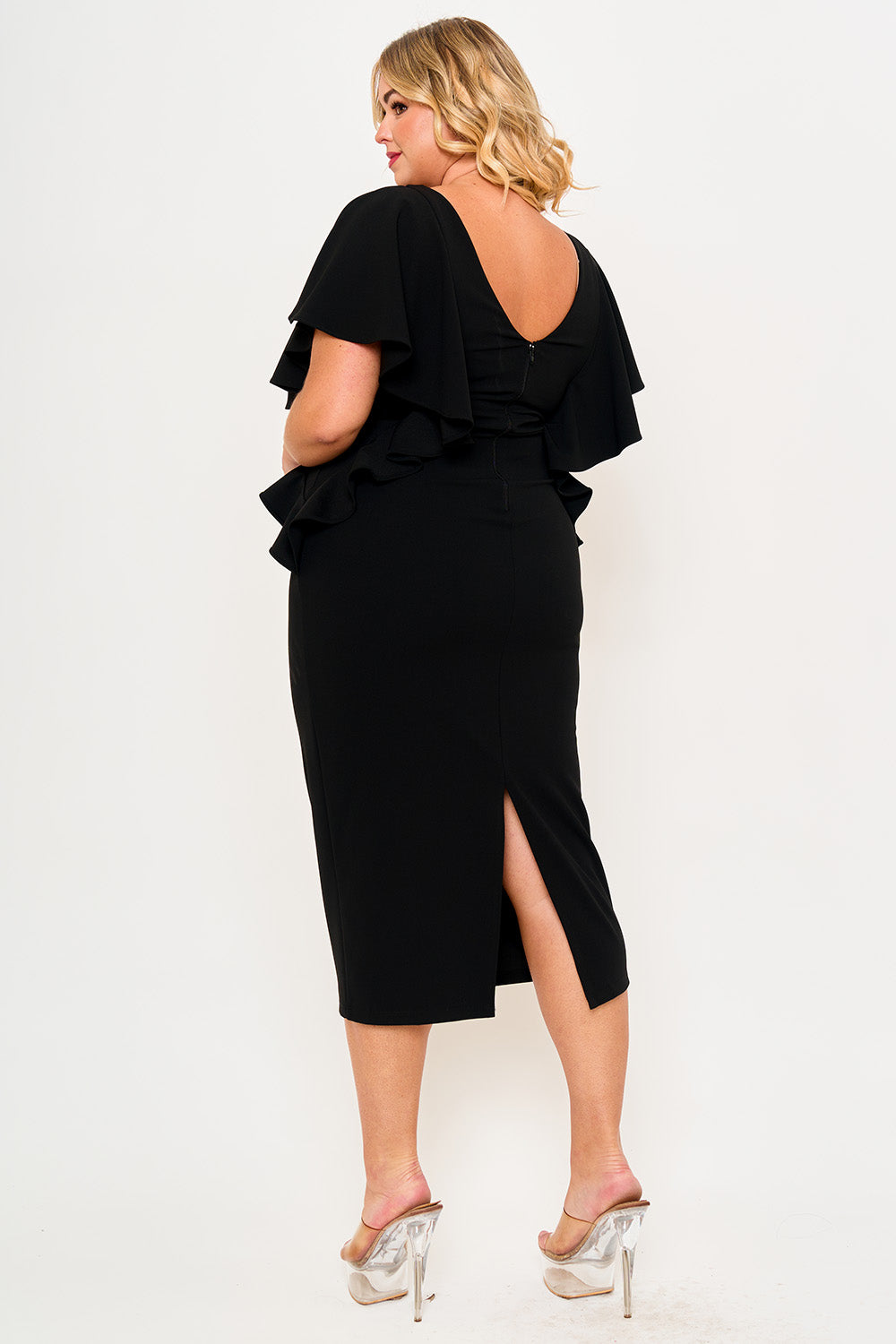 Plus Size Night Out Dress - Drop Shoulder With Ruffle Night Out Plus Size Midi Dress | Zezebe RED / 3X Plus Size Night Out Dress - Drop Shoulder With Ruffle Night Out Plus Size Midi Dress | Zezebe RED / 3X