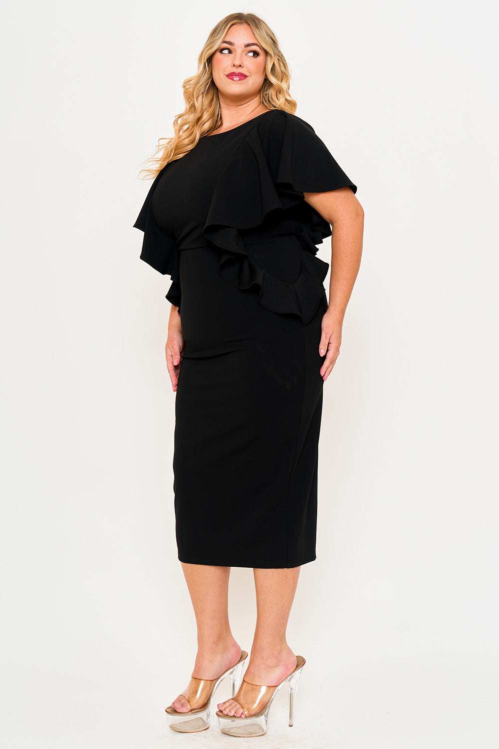 Symphony Dress - Drop Shoulder With Ruffle Night Out Plus Size Midi Dress | Zezebe