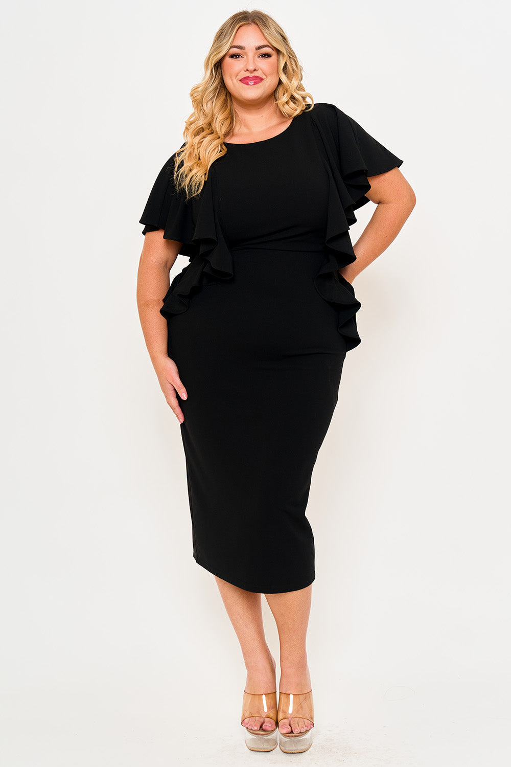 Symphony Dress - Drop Shoulder With Ruffle Night Out Plus Size Midi Dress | Zezebe