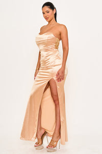 Symphony Dress - Satin Stretch Fabric Pleated Detail Top Maxi Dress | Zezebe