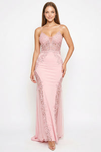 Flower Appliques On Mesh Trumpet/Mermaid Maxi Dress