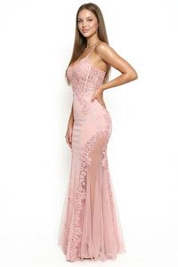 Flower Appliques On Mesh Trumpet/Mermaid Maxi Dress