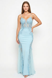 Flower Appliques On Mesh Trumpet/Mermaid Maxi Dress