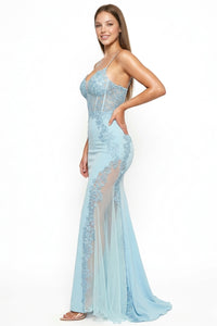 Flower Appliques On Mesh Trumpet/Mermaid Maxi Dress