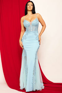 Symphony Dress - Flower Appliques On Mesh Trumpet/Mermaid Maxi Dress | Zezebe